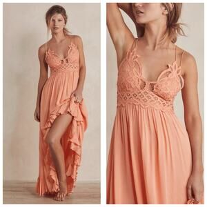 NWT Free People Adella Maxi Slip Dress in Pretty Peach Size Large Crochet Boho